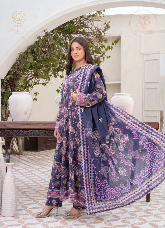 3-Piece Navy Blue Paisley Lawn Suit