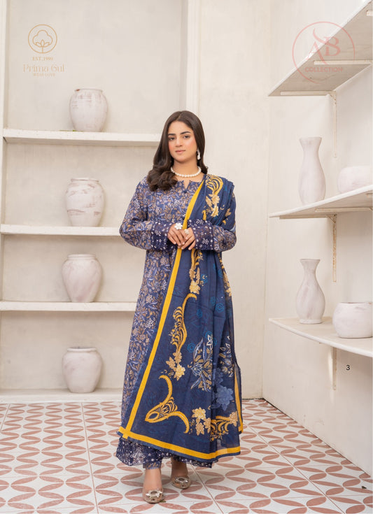 3-Piece Denim Blue Floral Lawn Suit with Mustard Accents