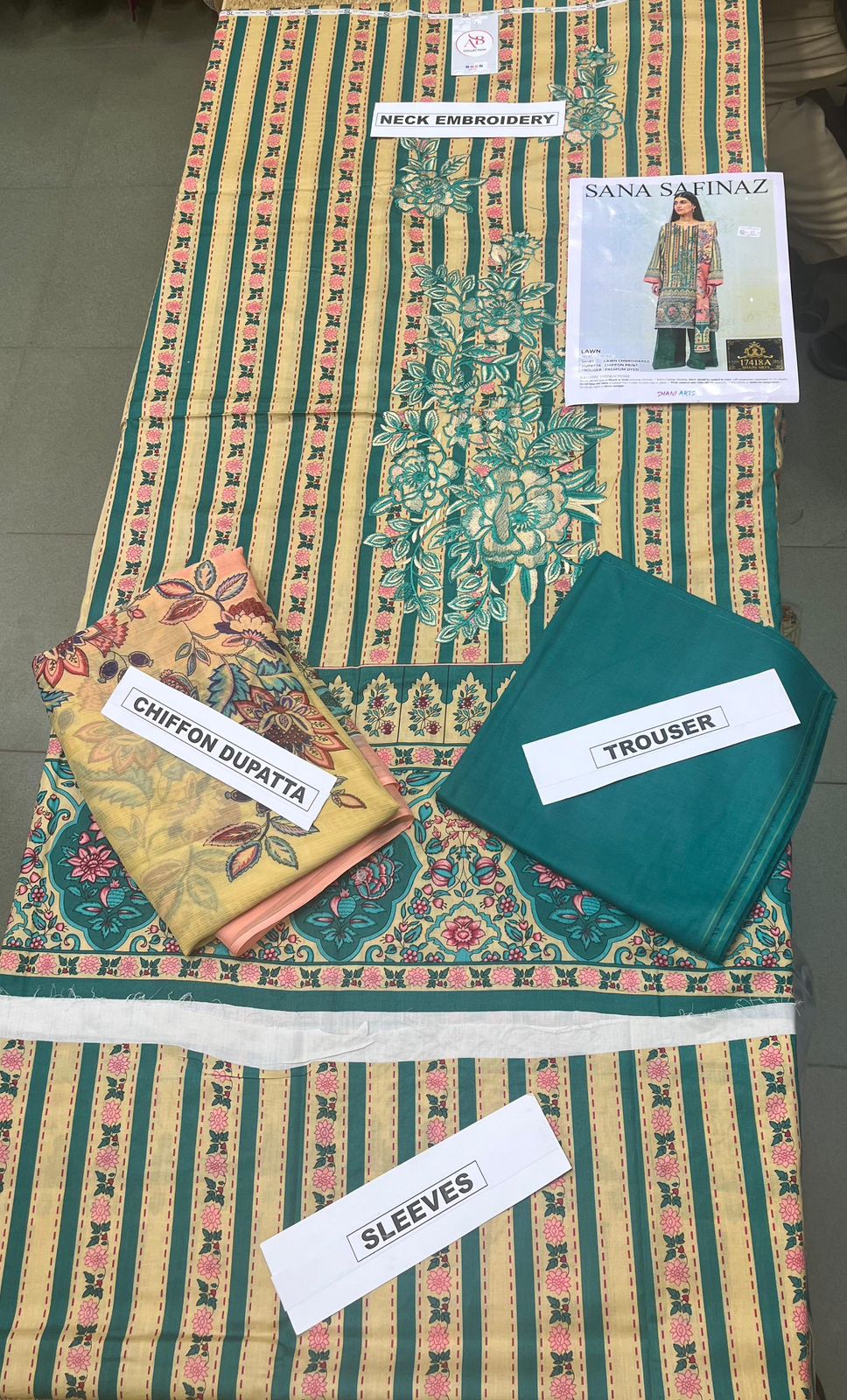 Premium Unstitched 3 Piece Embroidered Lawn Suit Teal & Mustard Striped Floral with Chiffon Dupatta