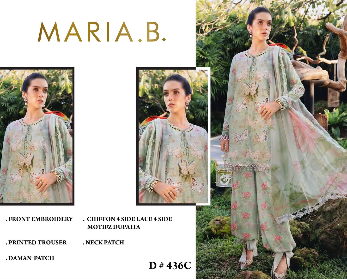 Mint Green Floral Embroidered 3-Piece Lawn Suit Sequins Chikankari Shirt, Butterfly Cutwork & Chiffon Dupatta