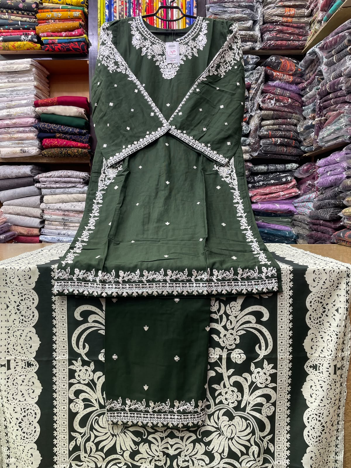 3-Piece Stitched All-Over Booti Embroidered Khaddar Suit with Lace Dupatta