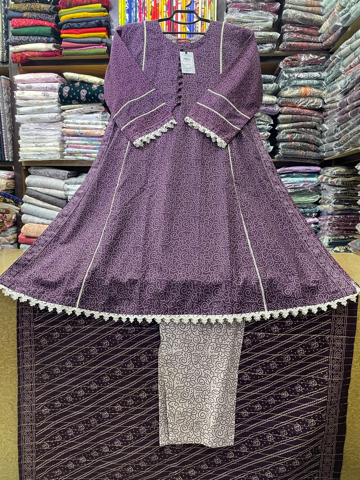 Bin Saeed 3-Piece Printed A-Line Suit | Deep Purple A-Line Kurti with Off-White Lace Detailing & Printed Dupatta