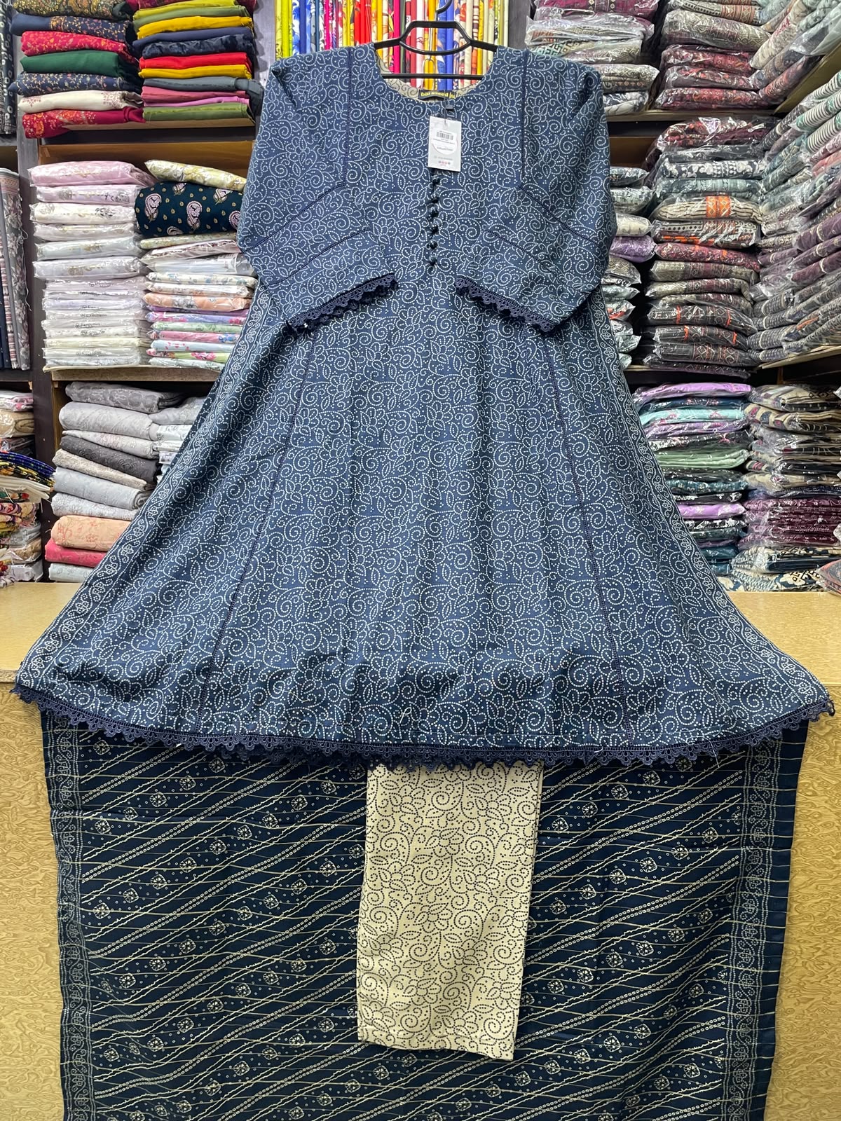 Bin Saeed 3-Piece Printed A-Line Suit | Slate Blue Fine Patterned Kurti with Matching Trims & Printed Dupatta