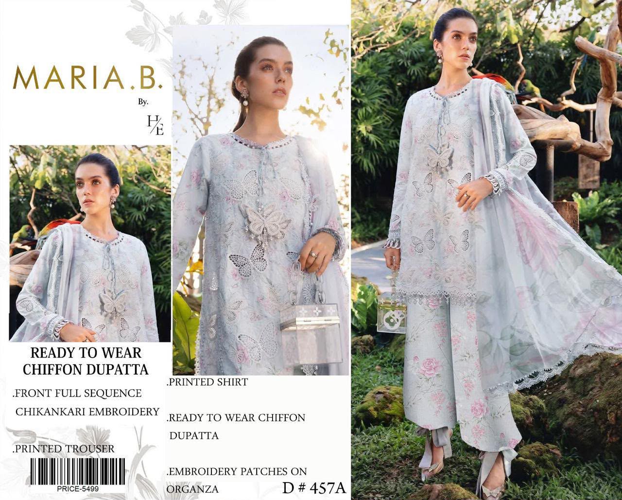 Elegant Grey Floral Embroidered 3-Piece Unstitched Suit Sequins Chikankari Lawn Shirt, Organza Border & Chiffon Dupatta