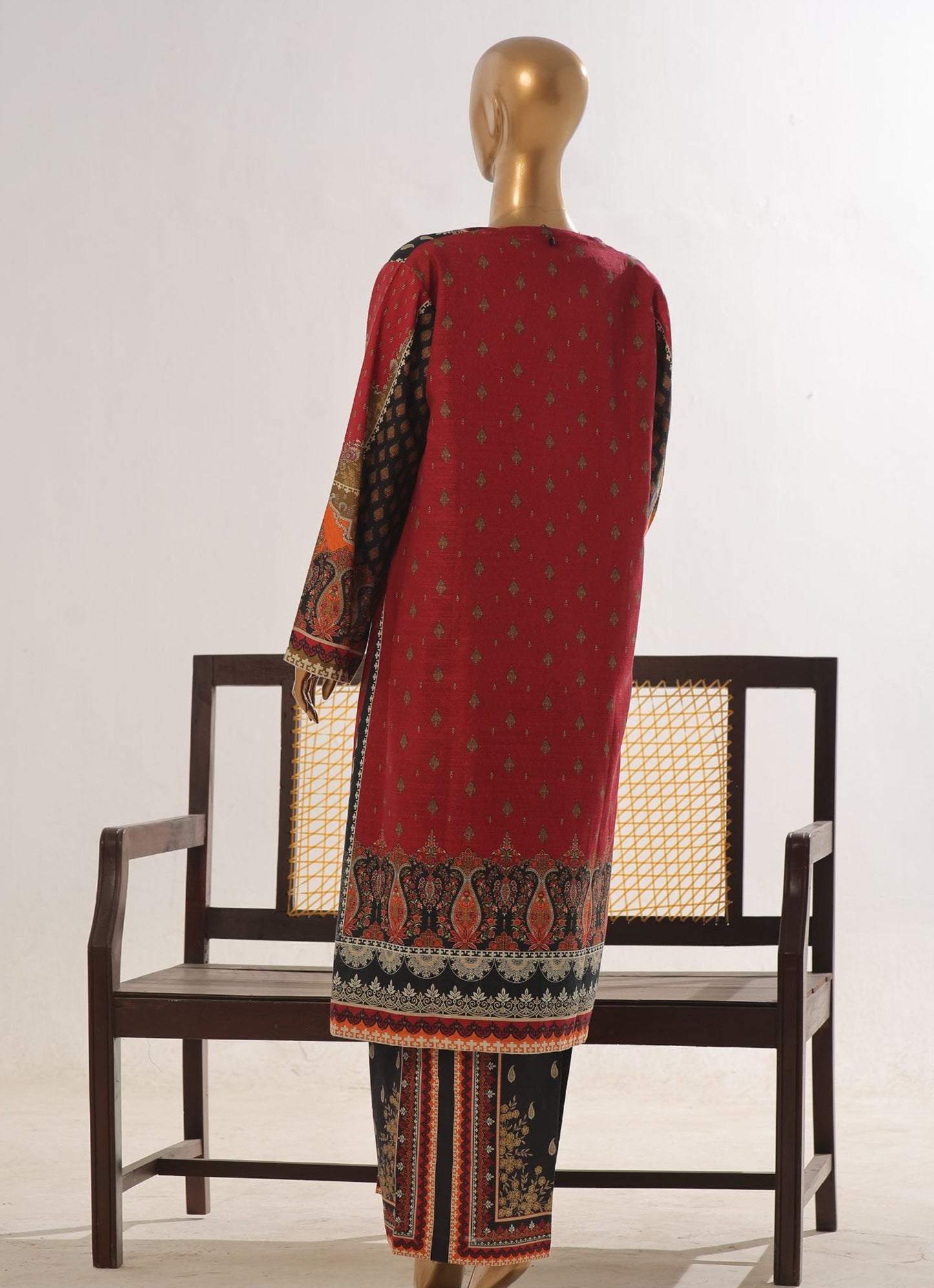 Ethnic Paisley Printed 3-Piece Suit with Floor-Length Open Shrug – Red & Black