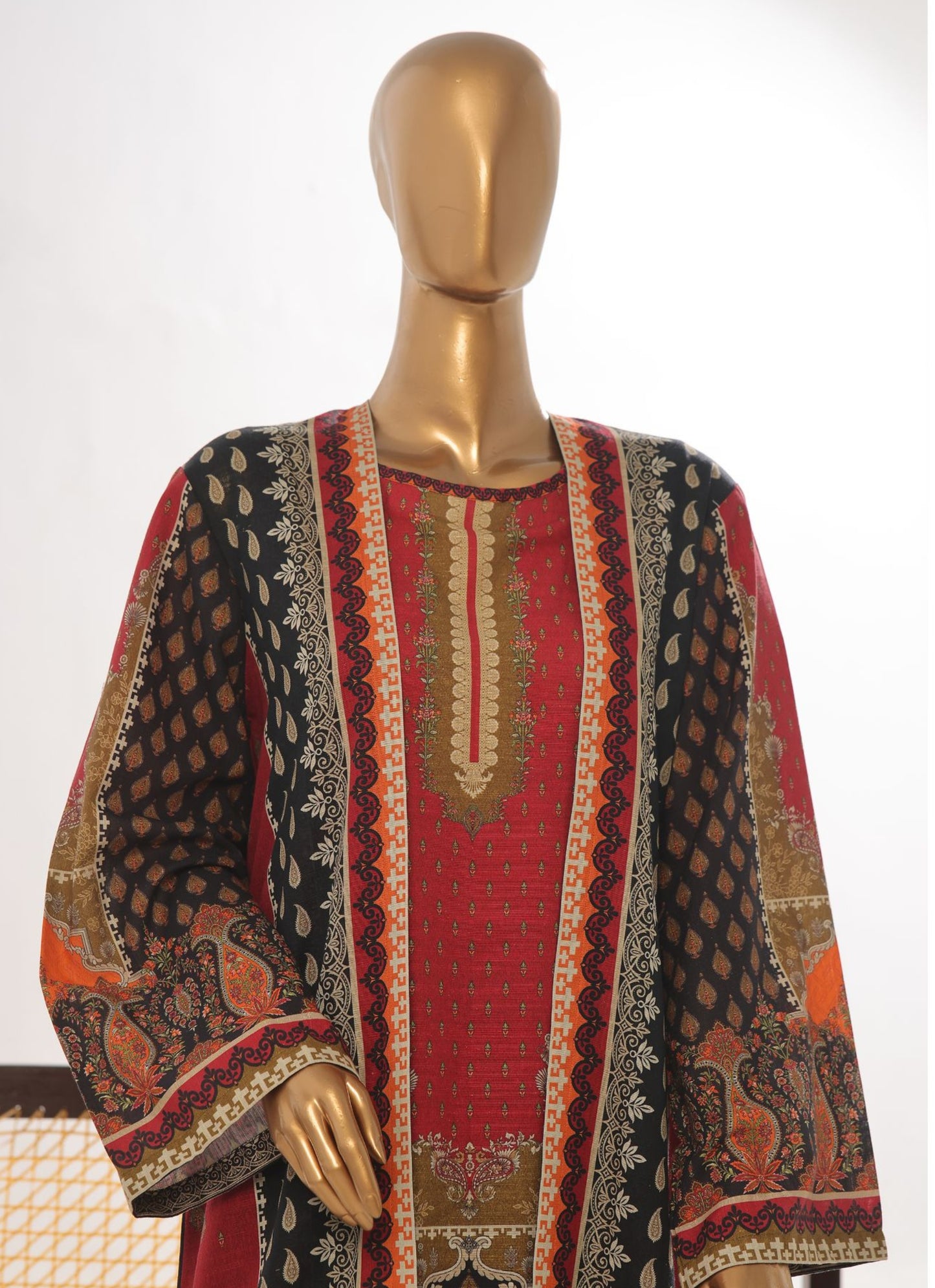Ethnic Paisley Printed 3-Piece Suit with Floor-Length Open Shrug – Red & Black