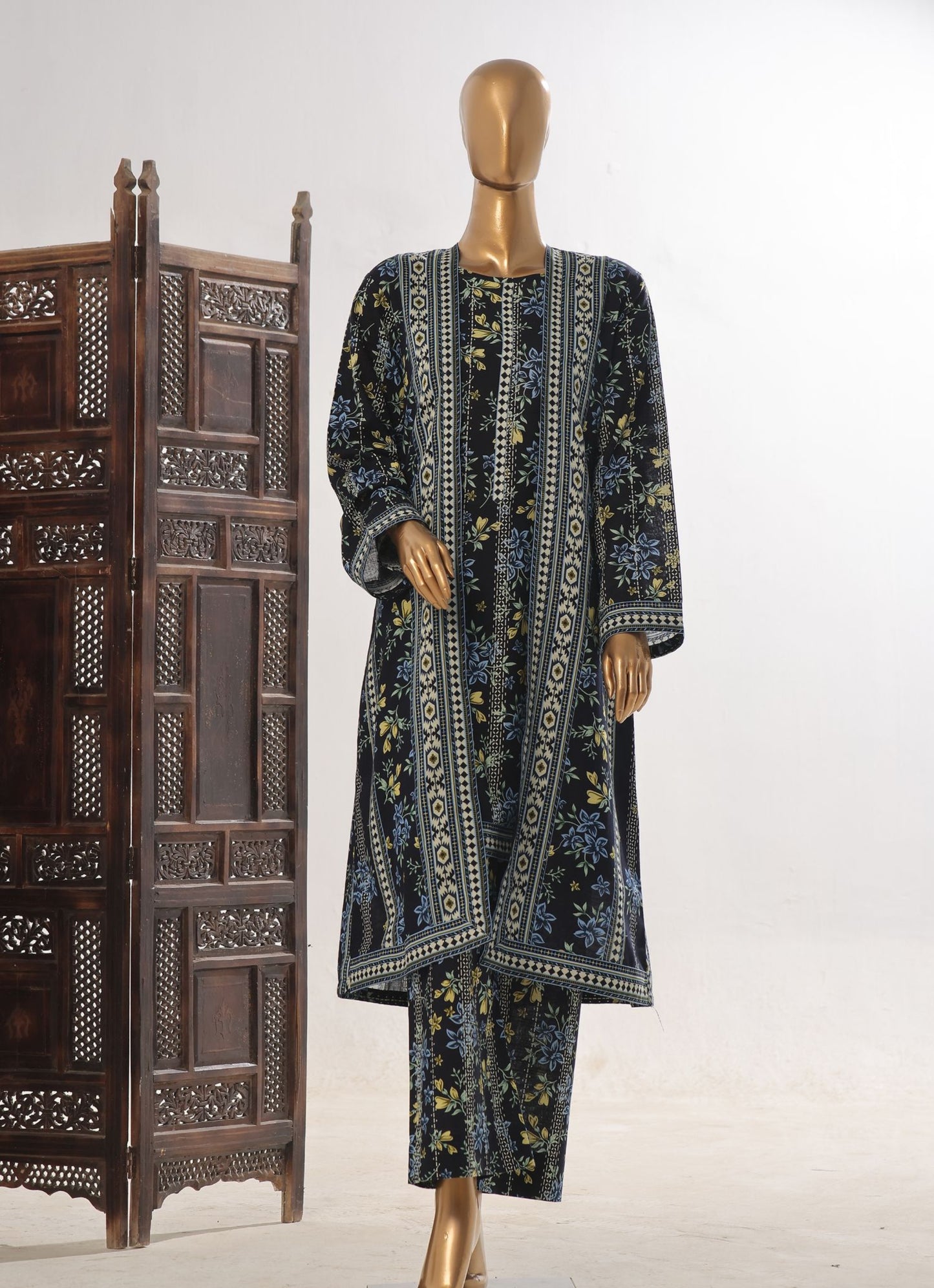 Midnight Flora: 2-Piece Printed Khaddar Jacket Style Co-ord Set