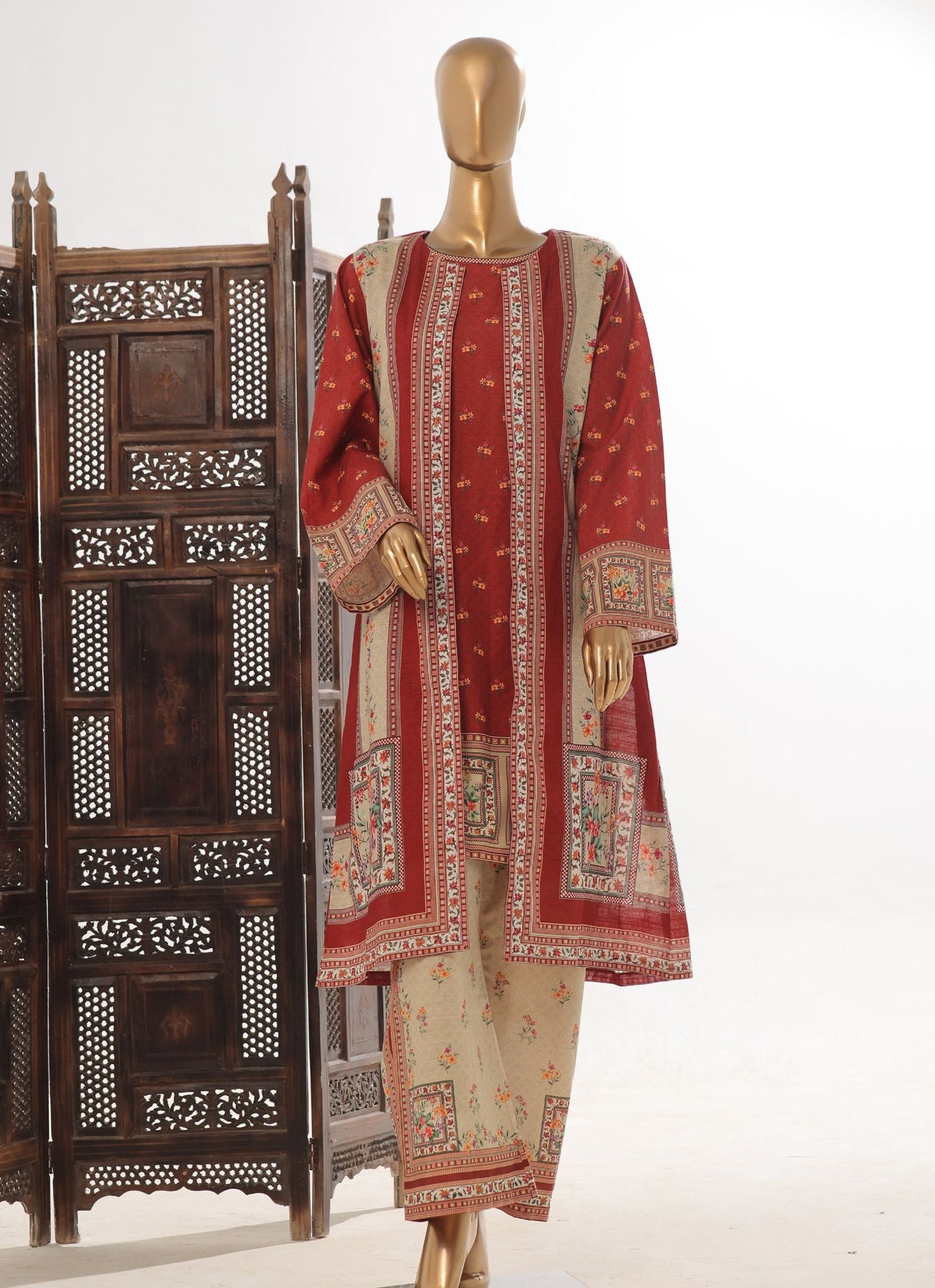 Crimson Harvest: 2-Piece Printed Khaddar Jacket Style Co-ord Set