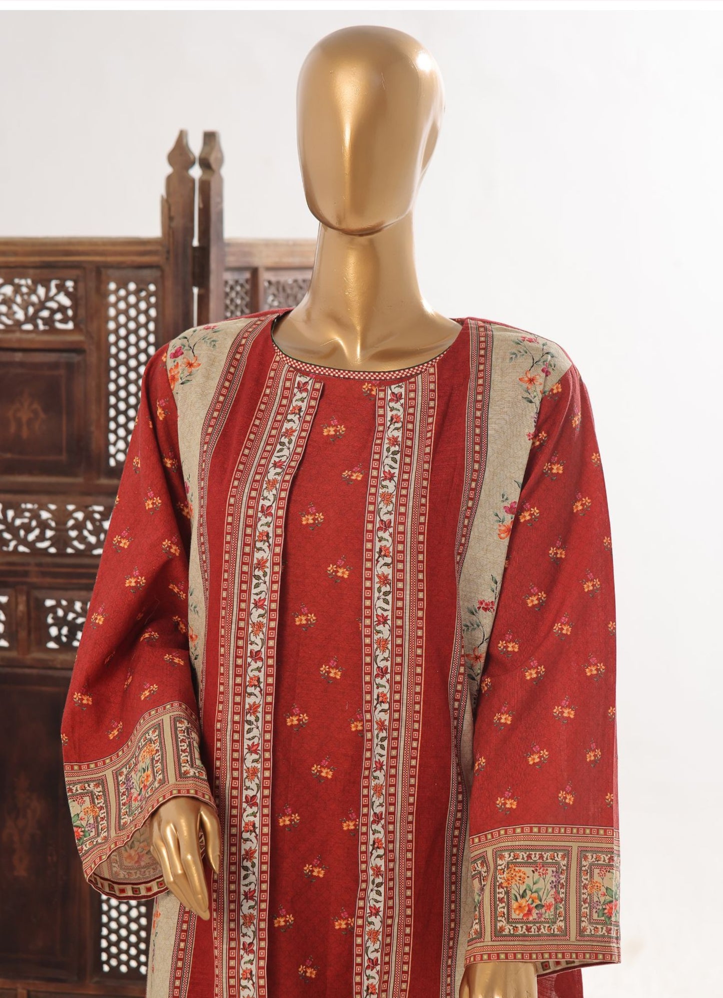 Crimson Harvest: 2-Piece Printed Khaddar Jacket Style Co-ord Set