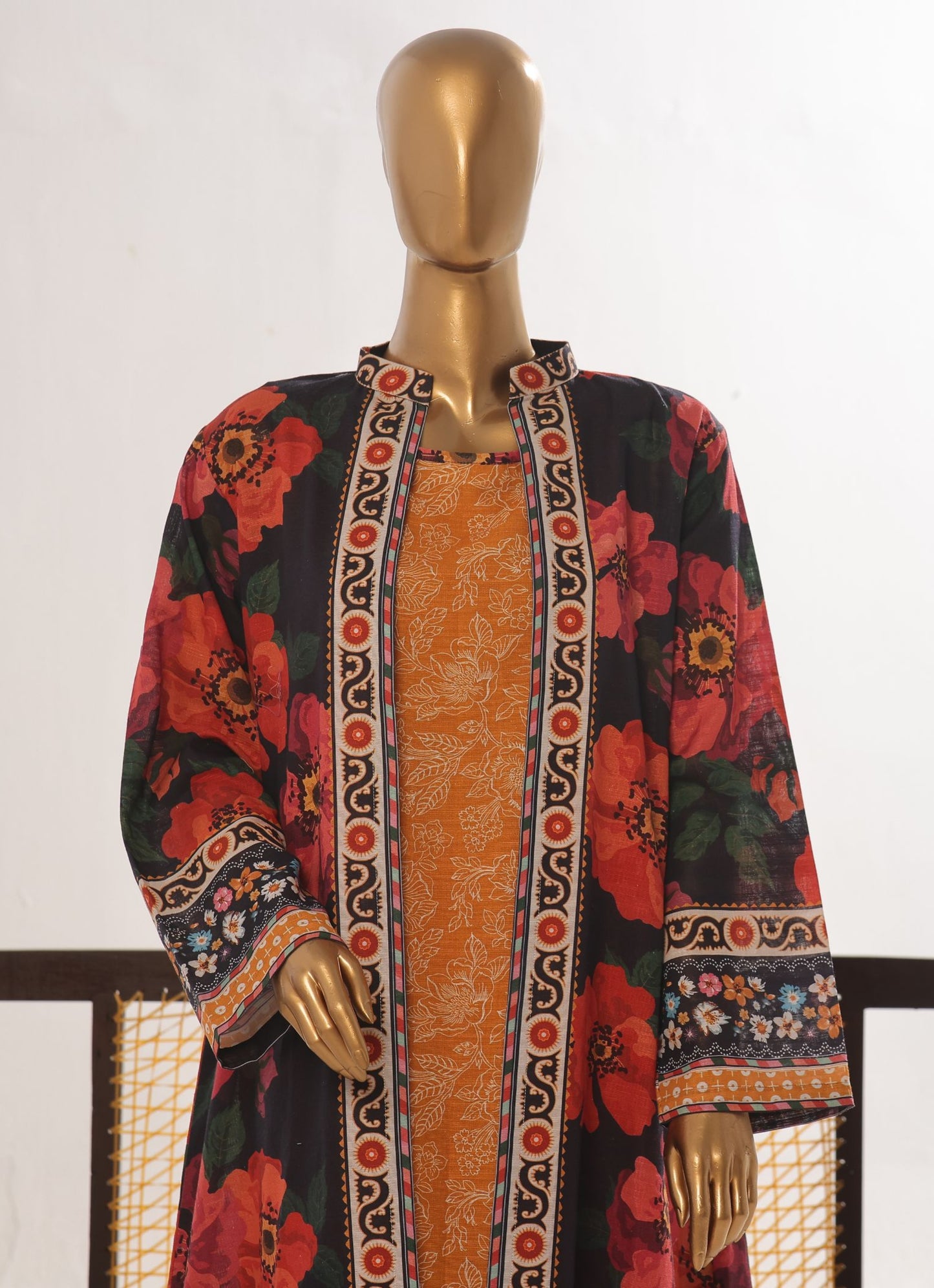 Women’s Floral Printed 2 Piece Khaddar Suit with Open Front Shirt Black & Mustard