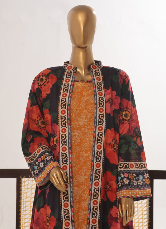 Women’s Floral Printed 2 Piece Khaddar Suit with Open Front Shirt Black & Mustard