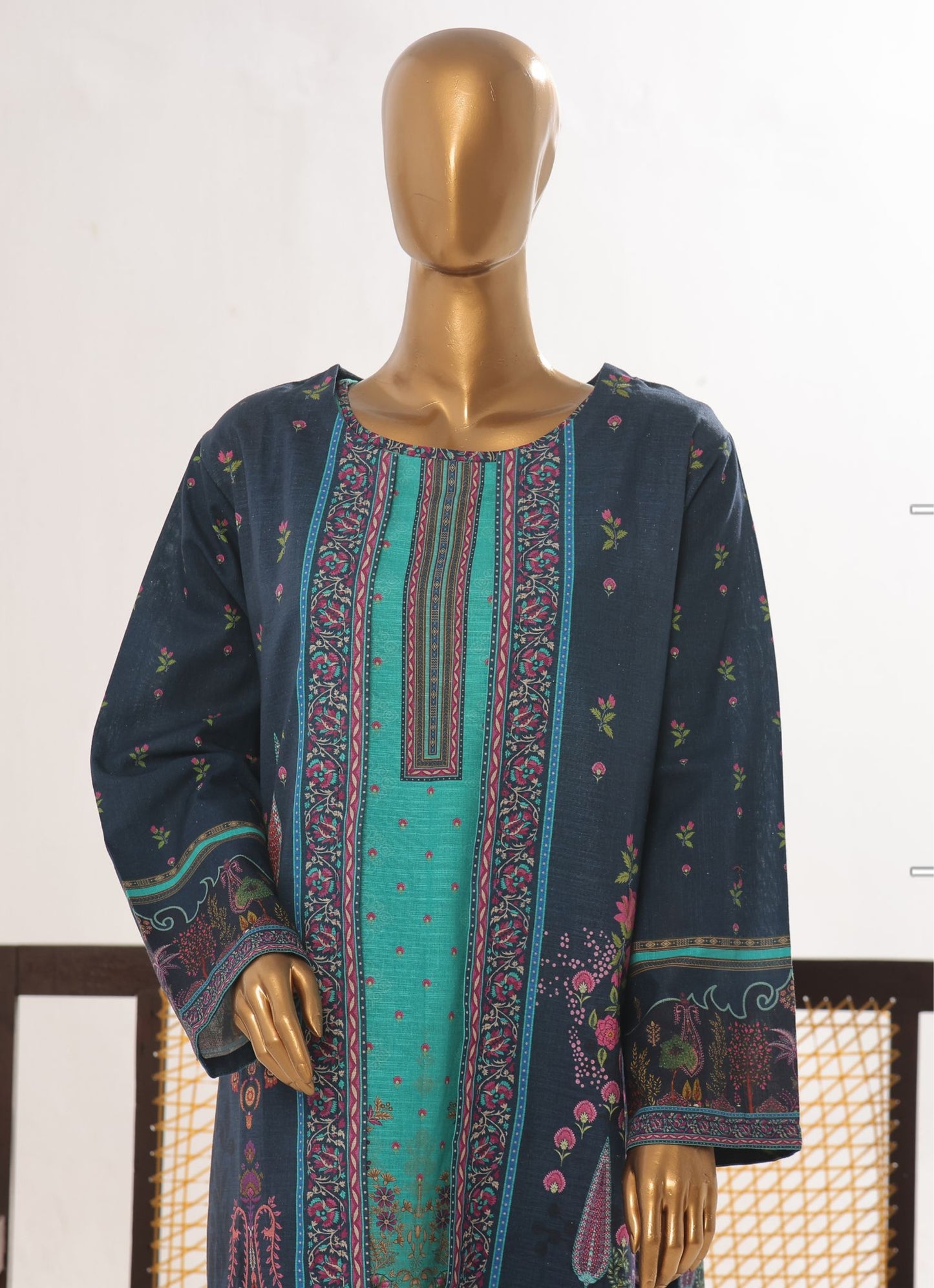 Teal & Navy Floral Fusion 2-Piece Printed Khaddar Co-ord set