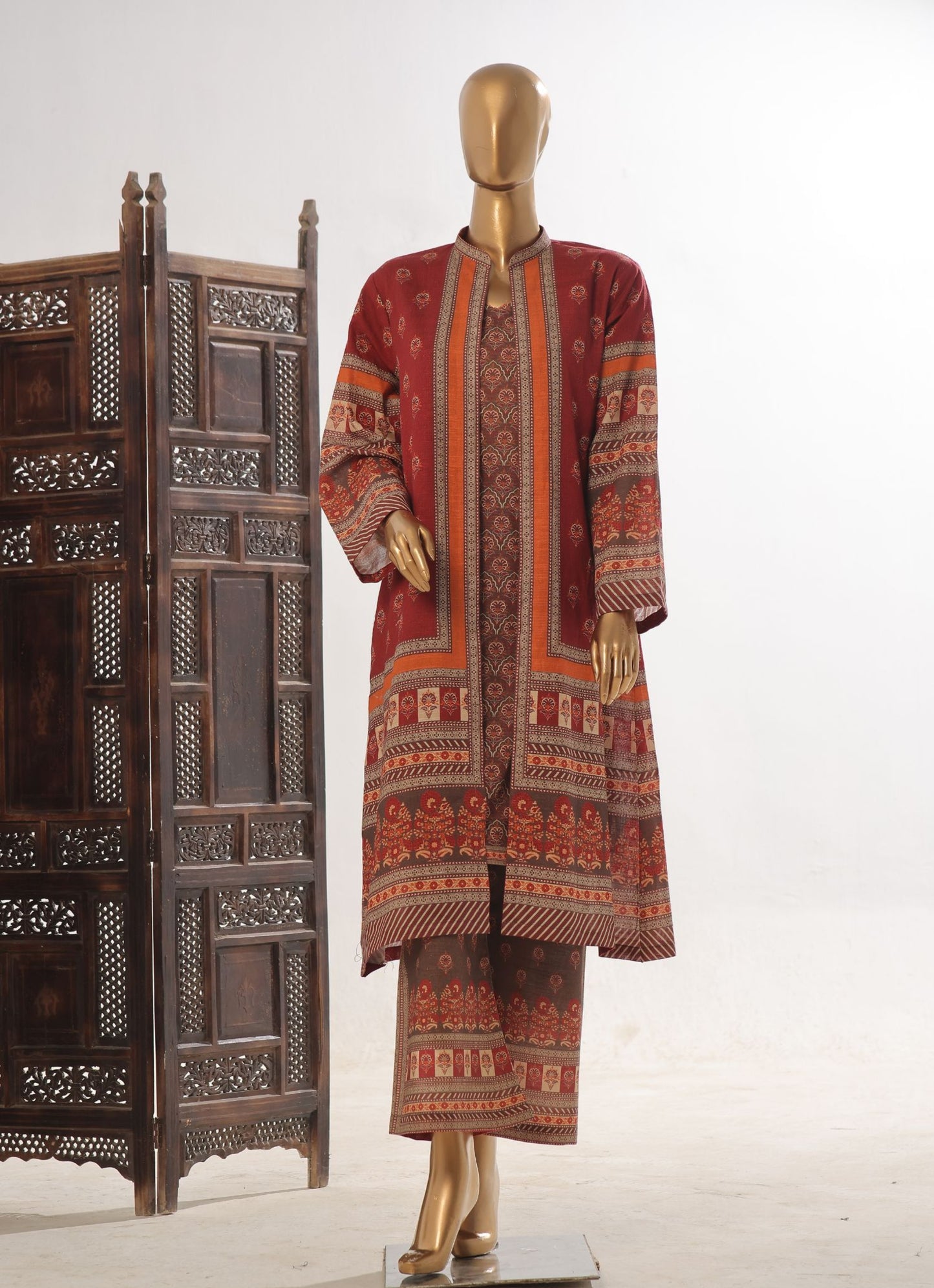Maroon & Russet Ethnic Khaddar Print 2-Piece Co-ord set