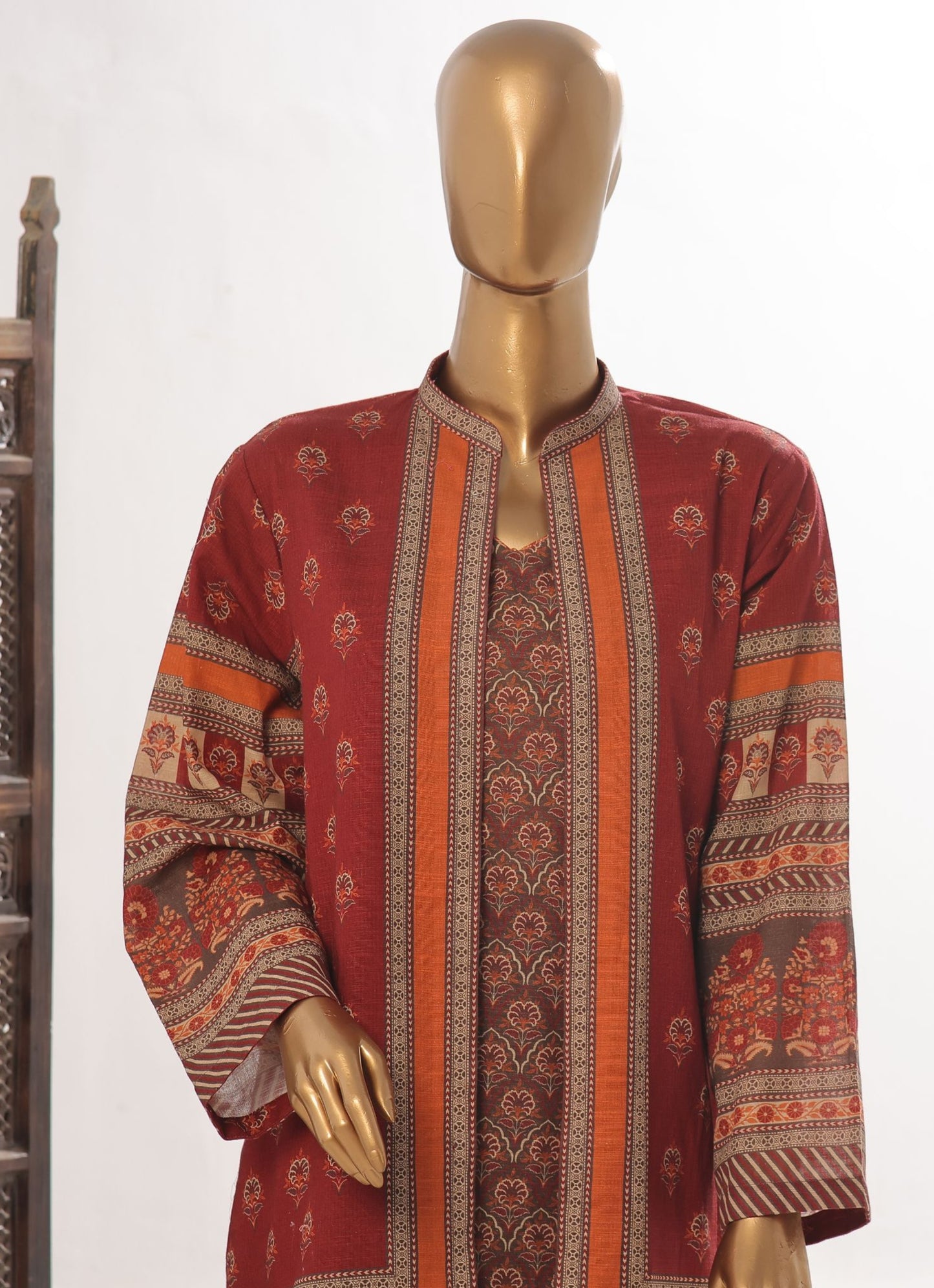 Maroon & Russet Ethnic Khaddar Print 2-Piece Co-ord set