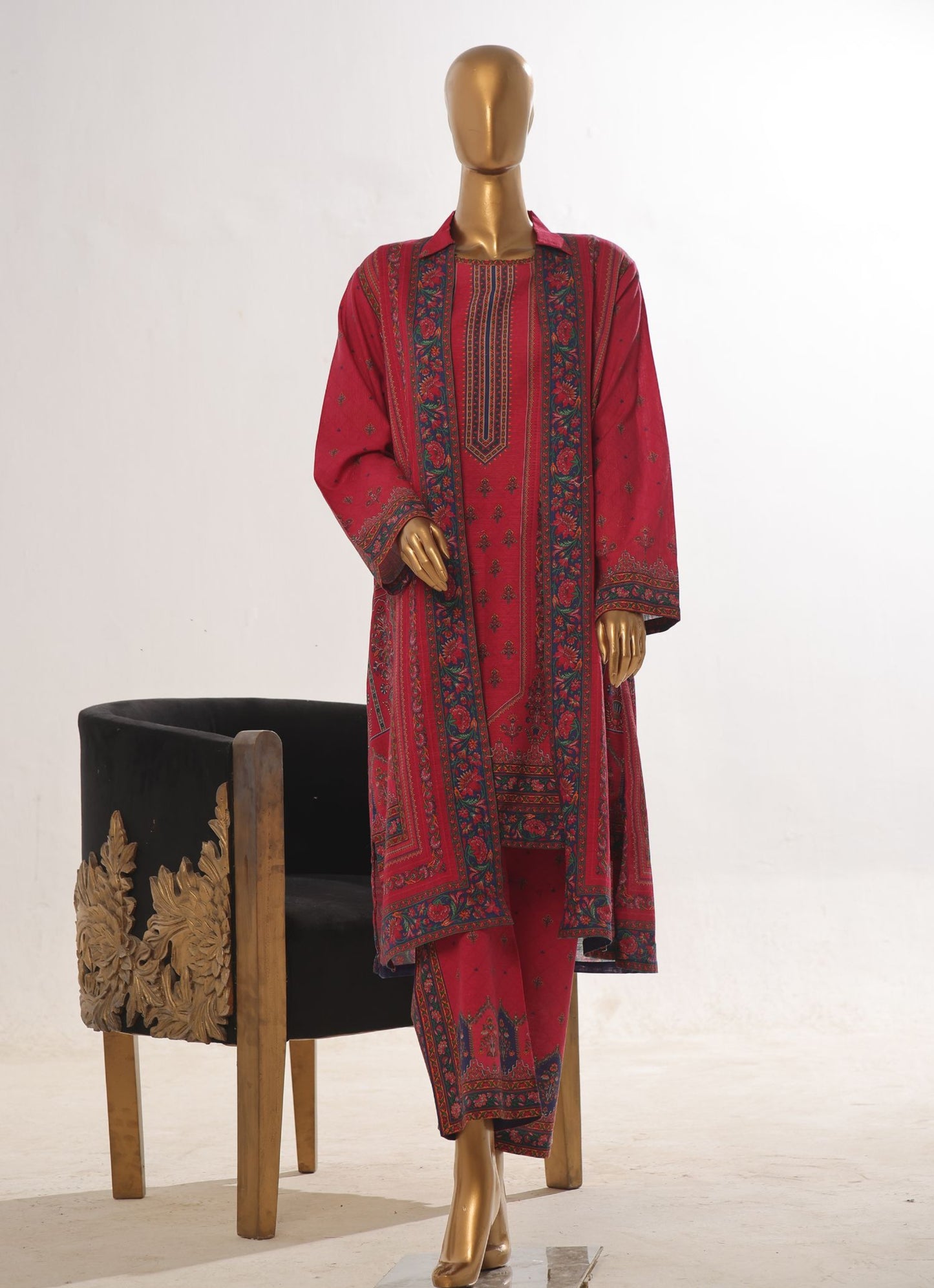 Ethereal Crimson 2 Piece Printed Khaddar Jacket Style Co-ord set