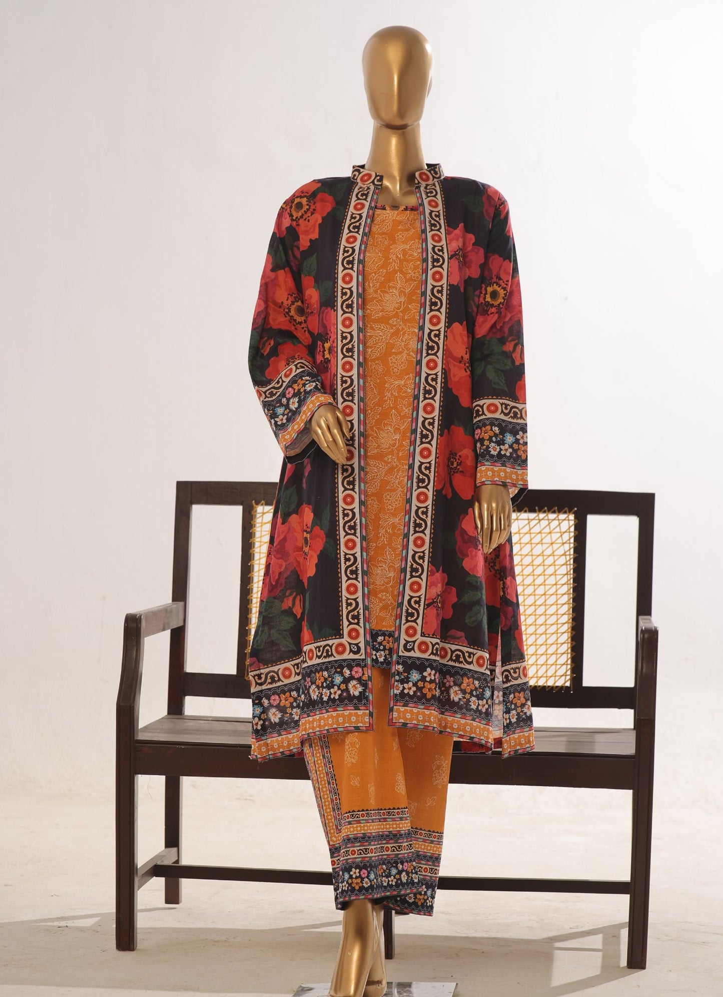 Women’s Floral Printed 2 Piece Khaddar Suit with Open Front Shirt Black & Mustard