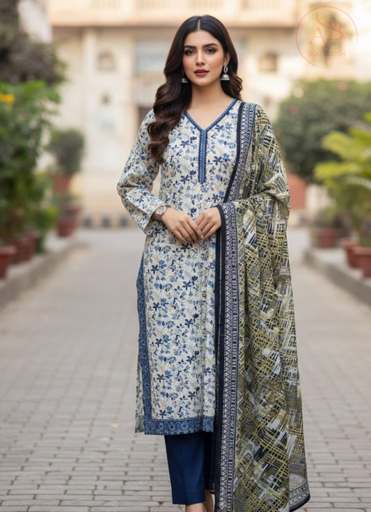 Vintage Floral Block Print 3-Piece Khaddar Suit in Navy & Olive