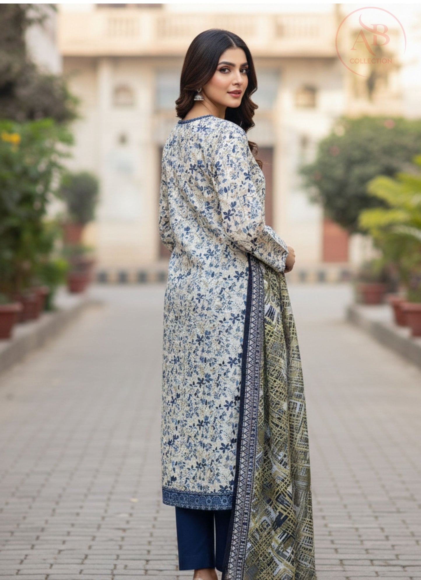 Vintage Floral Block Print 3-Piece Khaddar Suit in Navy & Olive