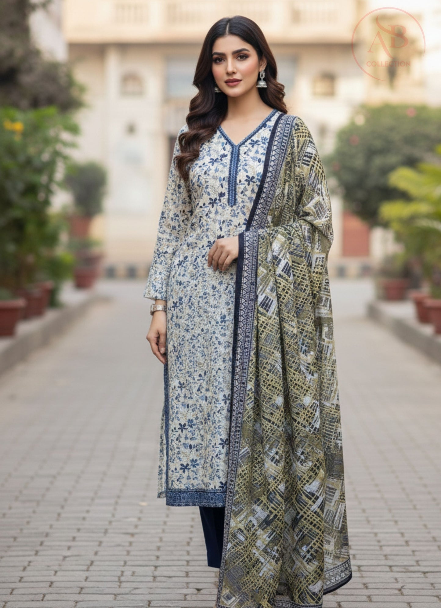 Vintage Floral Block Print 3-Piece Khaddar Suit in Navy & Olive