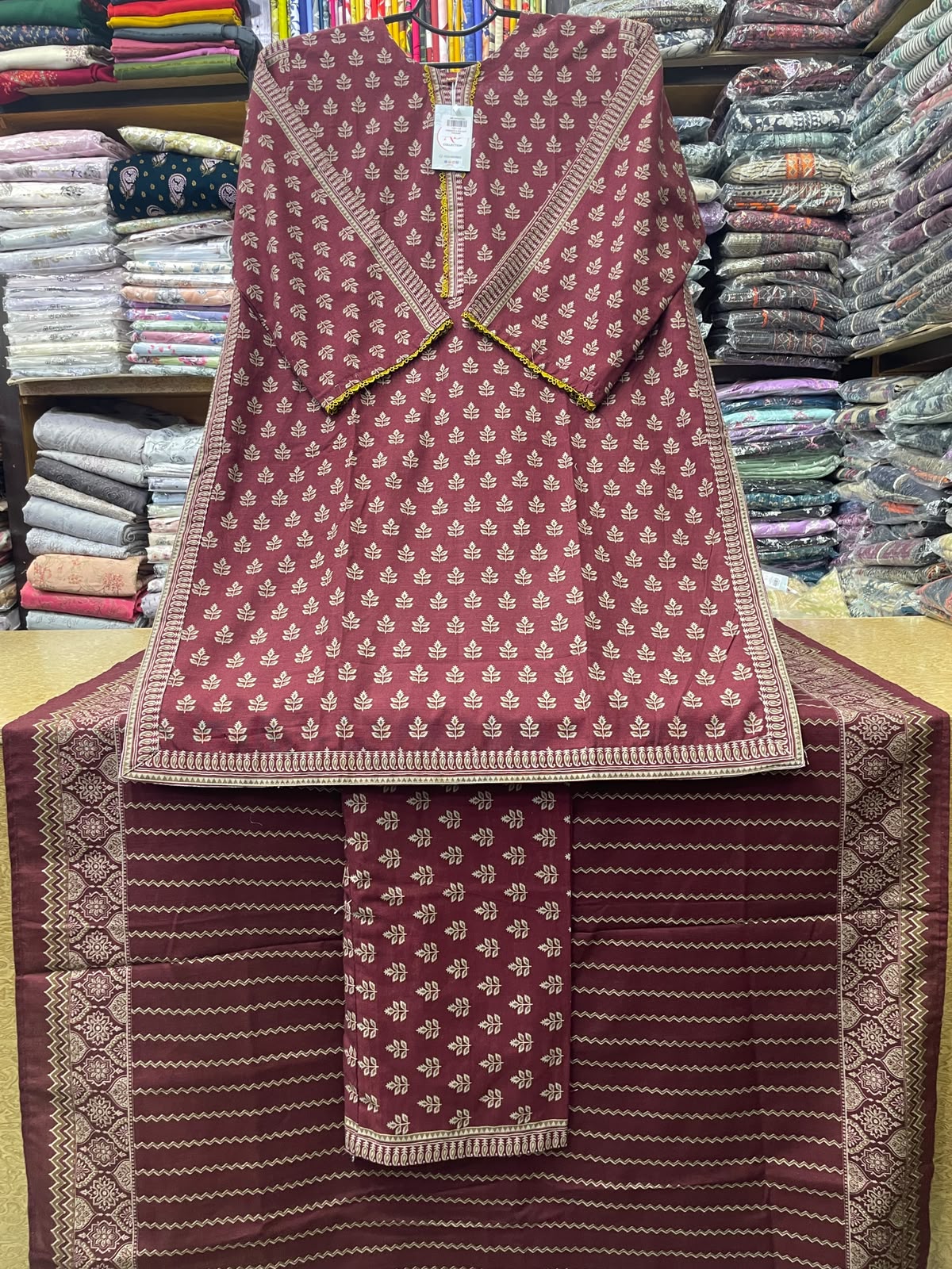 BinSaeed Stitched 3-Piece Printed Khaddar Dress – Plum & Gold Accent