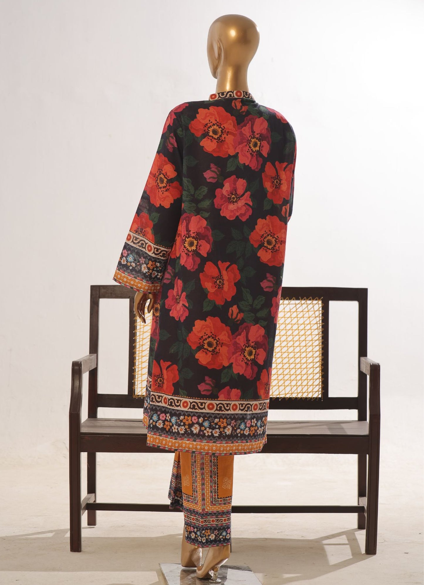 Women’s Floral Printed 2 Piece Khaddar Suit with Open Front Shirt Black & Mustard