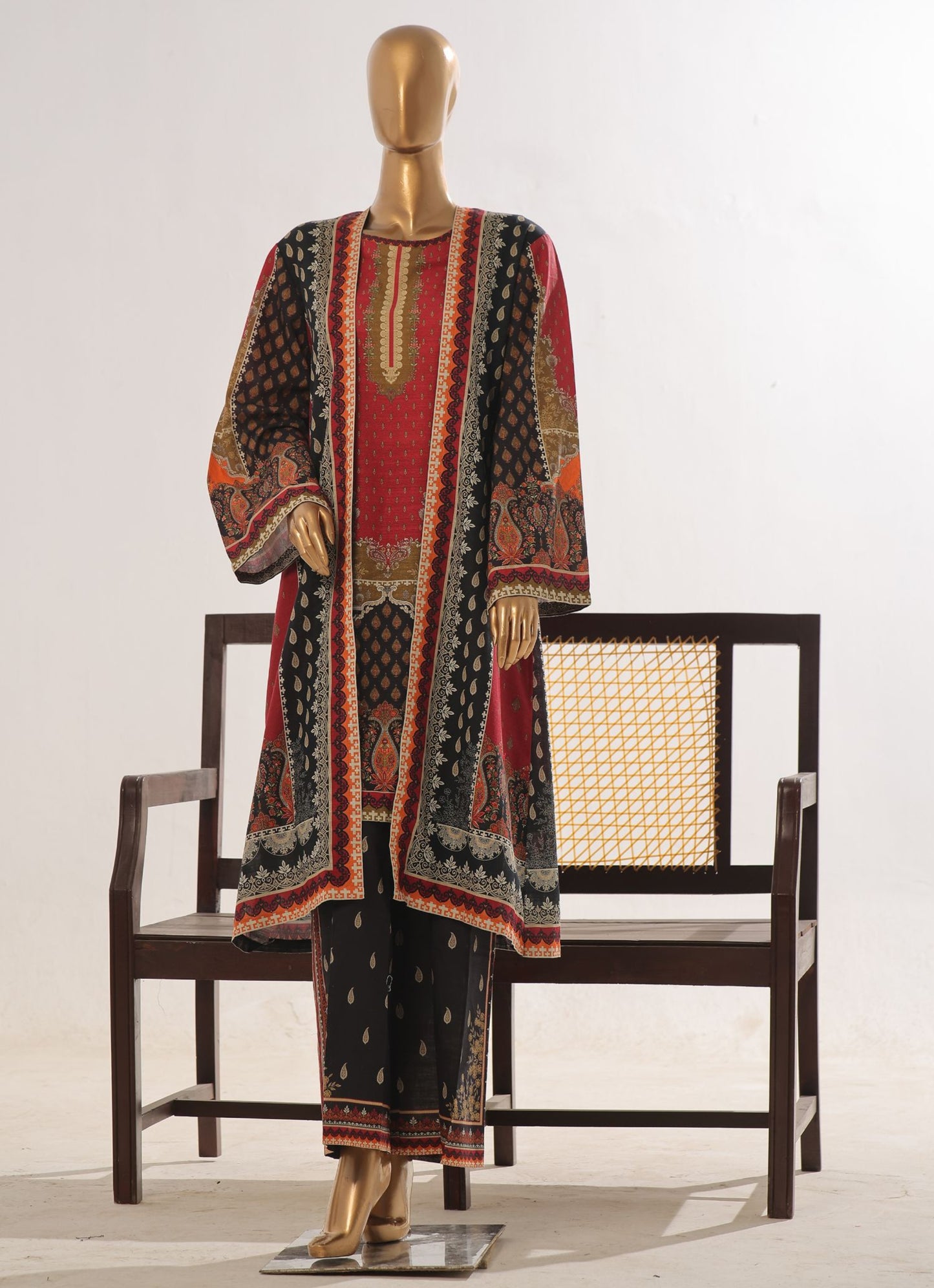 Ethnic Paisley Printed 3-Piece Suit with Floor-Length Open Shrug – Red & Black