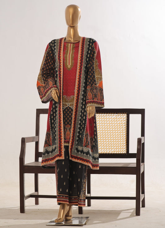 Ethnic Paisley Printed 3-Piece Suit with Floor-Length Open Shrug – Red & Black