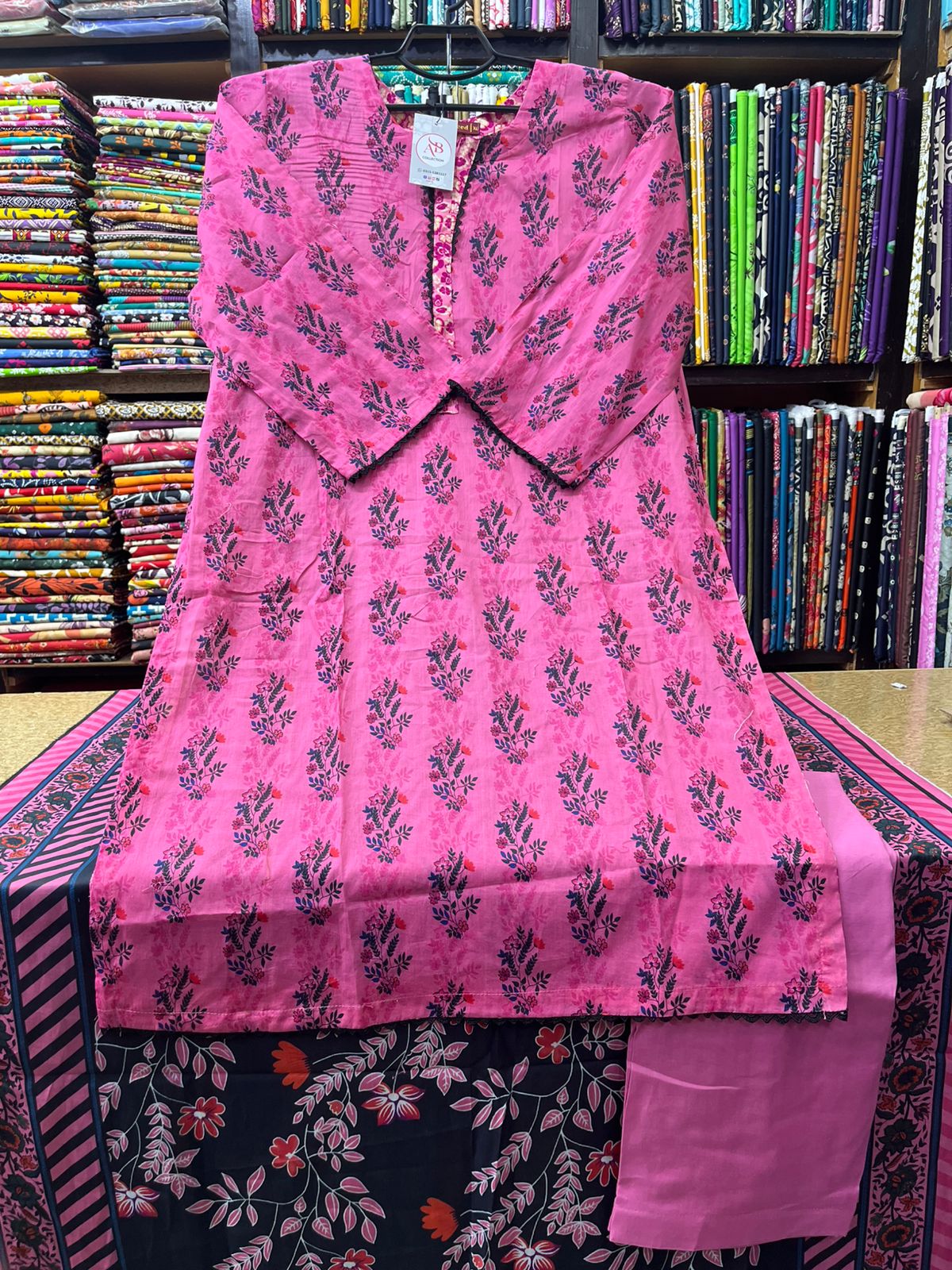 Charming 3-Piece Block-Style Printed Lawn Suit (Pink & Navy)