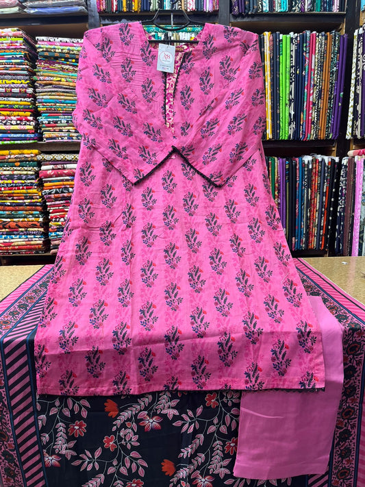 Charming 3-Piece Block-Style Printed Lawn Suit (Pink & Navy)
