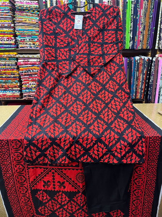 Bold 3-Piece Leaf Patterned Lawn Suit (Black & Red)