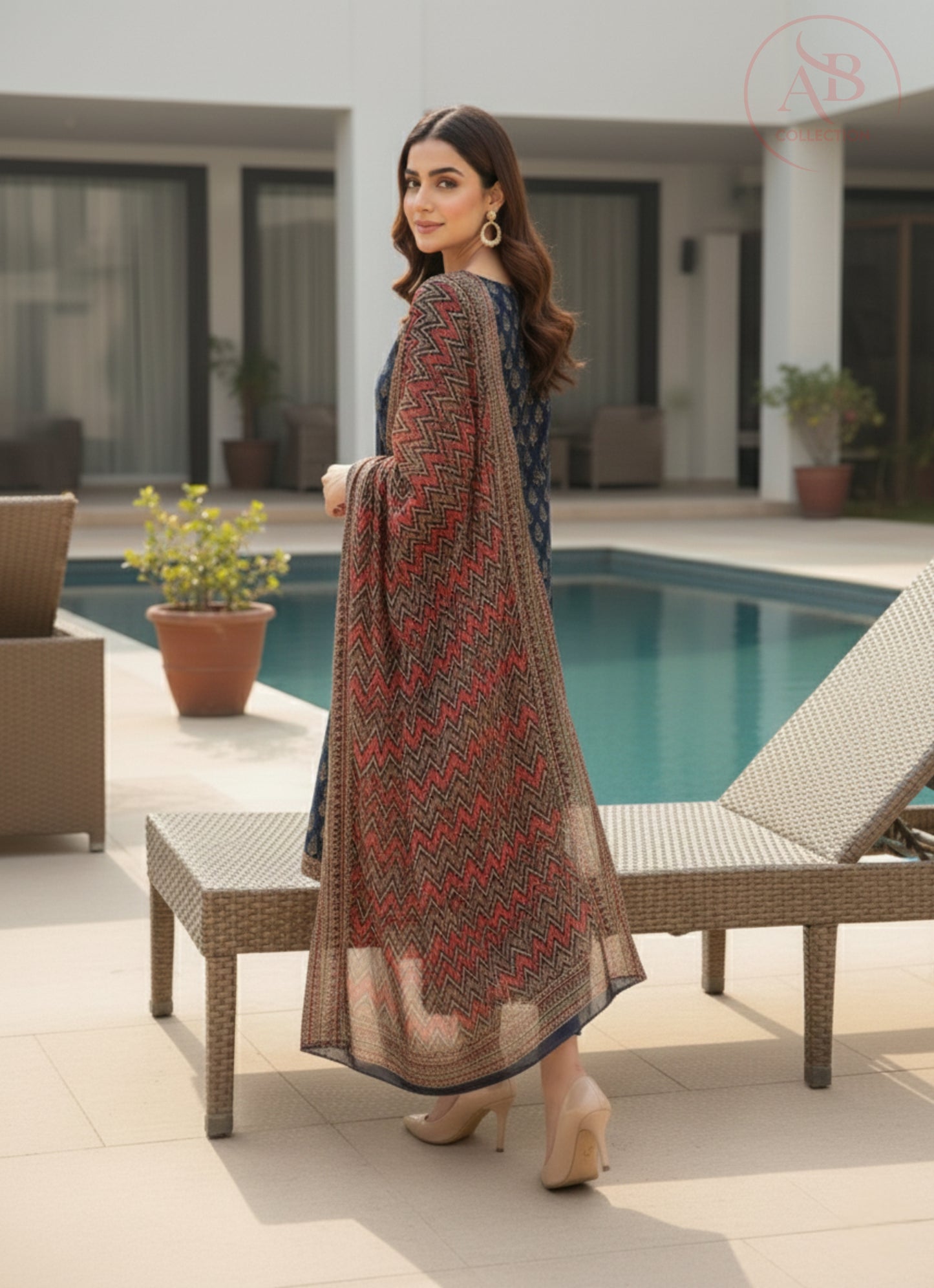 Premium Blue Lawn 3-Piece Intricate Gold Print with Zig-Zag Chiffon Dupatta