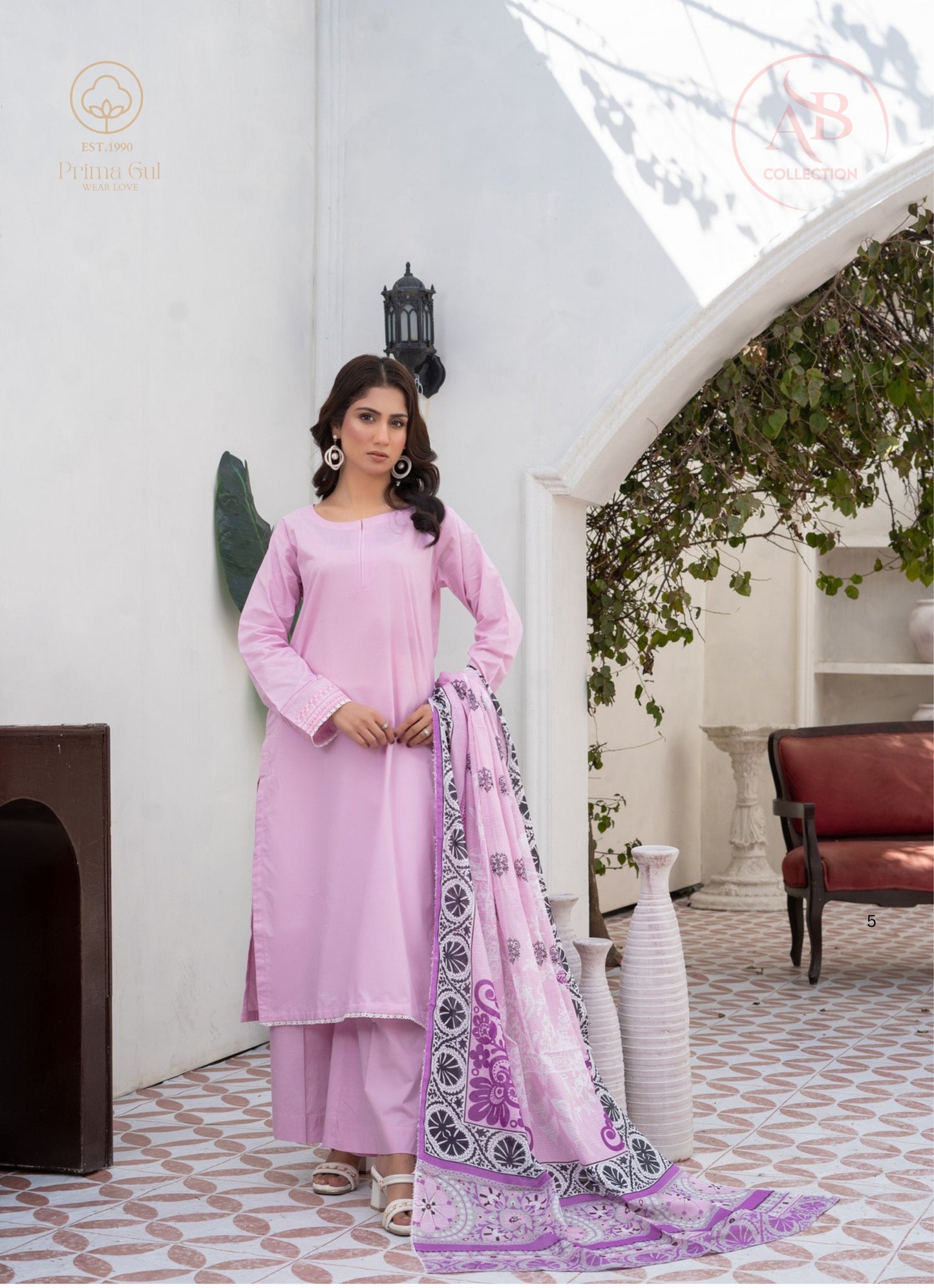 Lilac Haze 3-Piece Cambric Suit with Tiered Pleated Sleeves & Moroccan Tile Dupatta