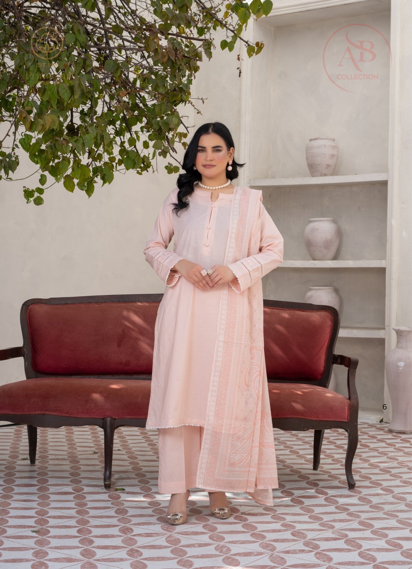 Prima Gul Peach Sorbet 3-Piece Cambric Suit with Intricate Lace Cuffs & Tonal Patterned Dupatta