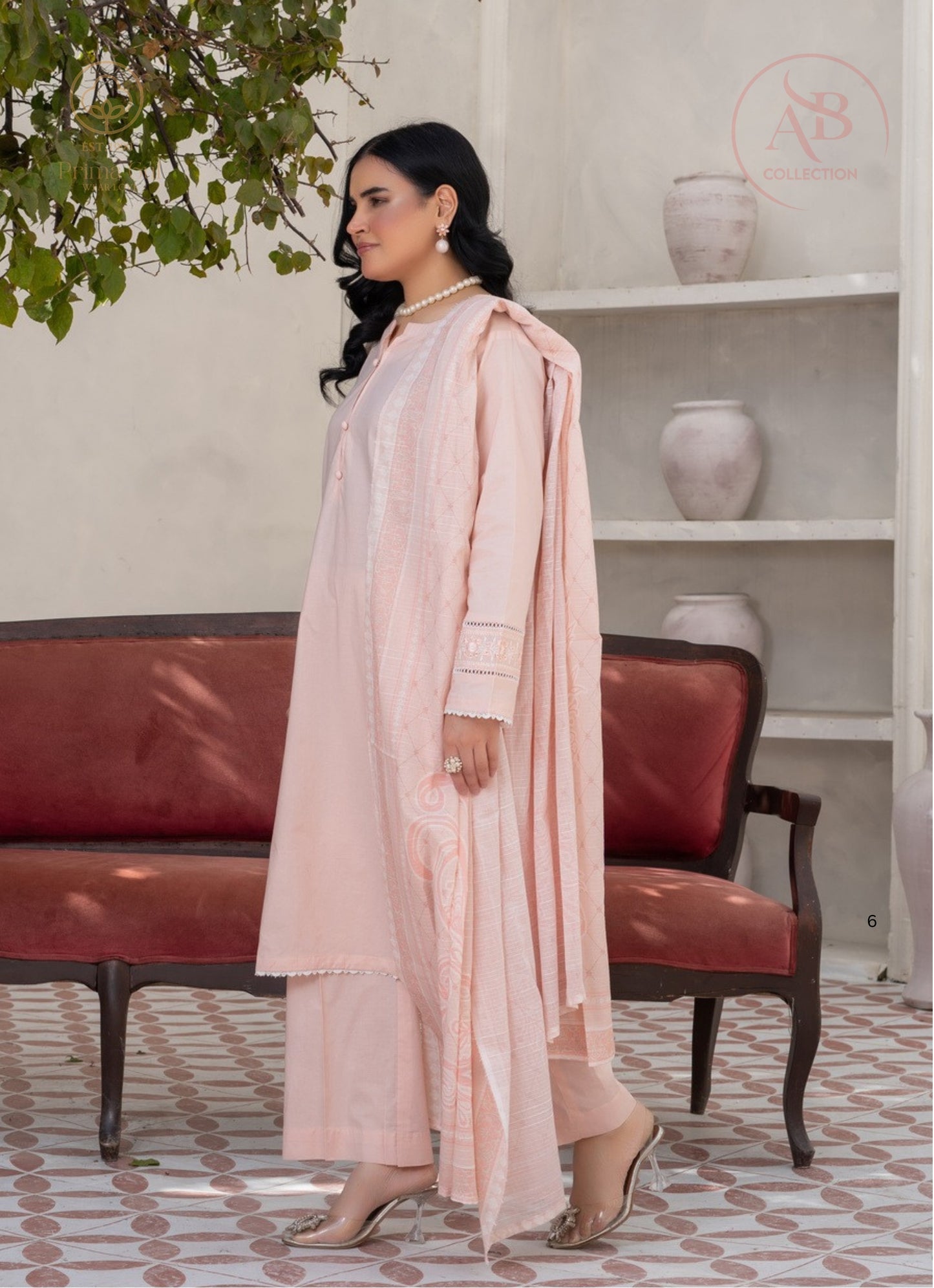 Prima Gul Peach Sorbet 3-Piece Cambric Suit with Intricate Lace Cuffs & Tonal Patterned Dupatta