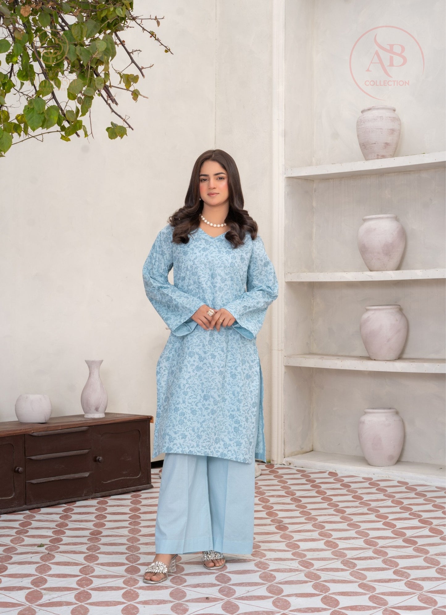 Sky Blue Monochromatic Printed Kurta & Trouser Set
