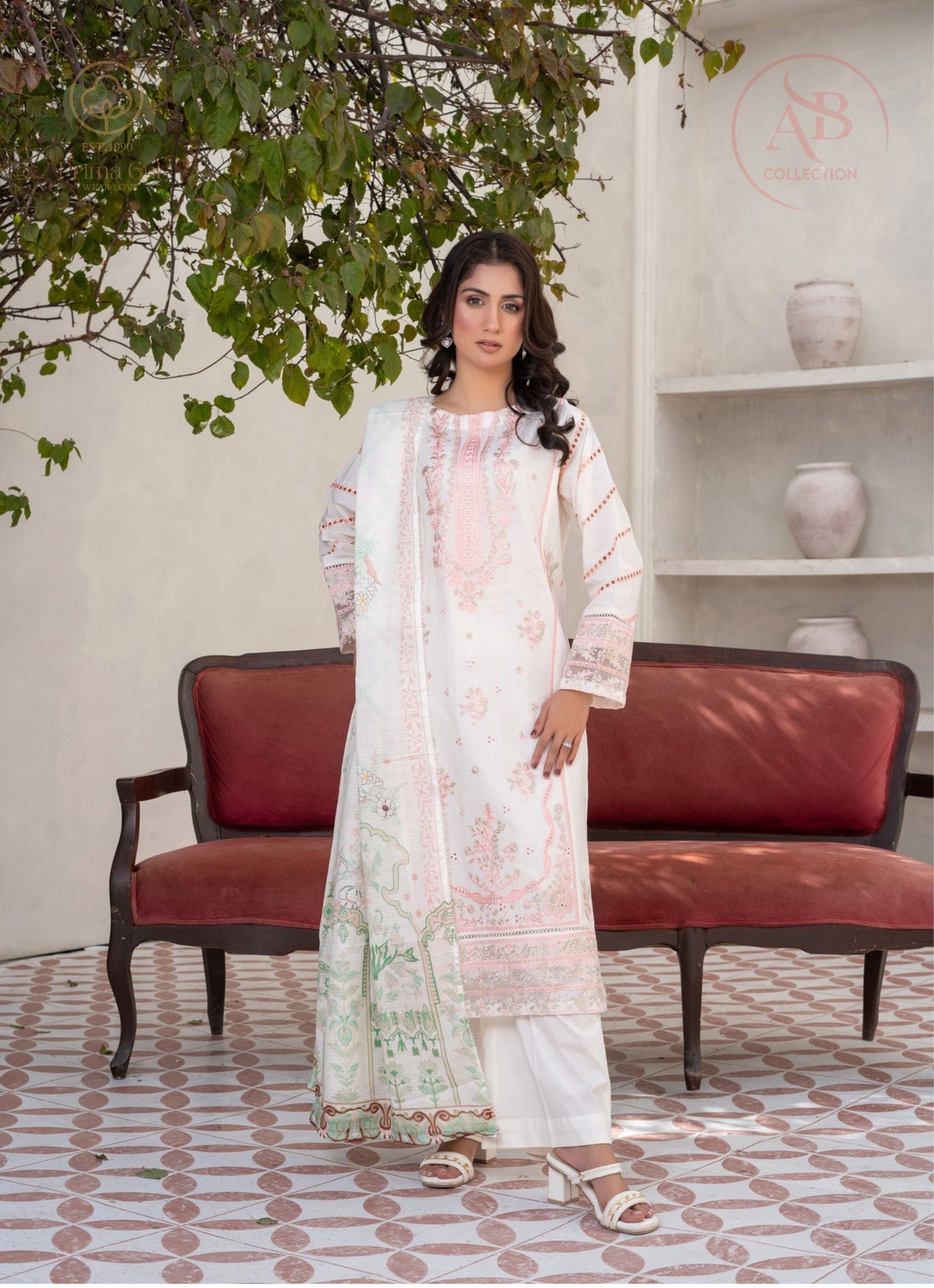 Ethereal Off-White Embroidered Cambric Suit with Pastel Floral Details