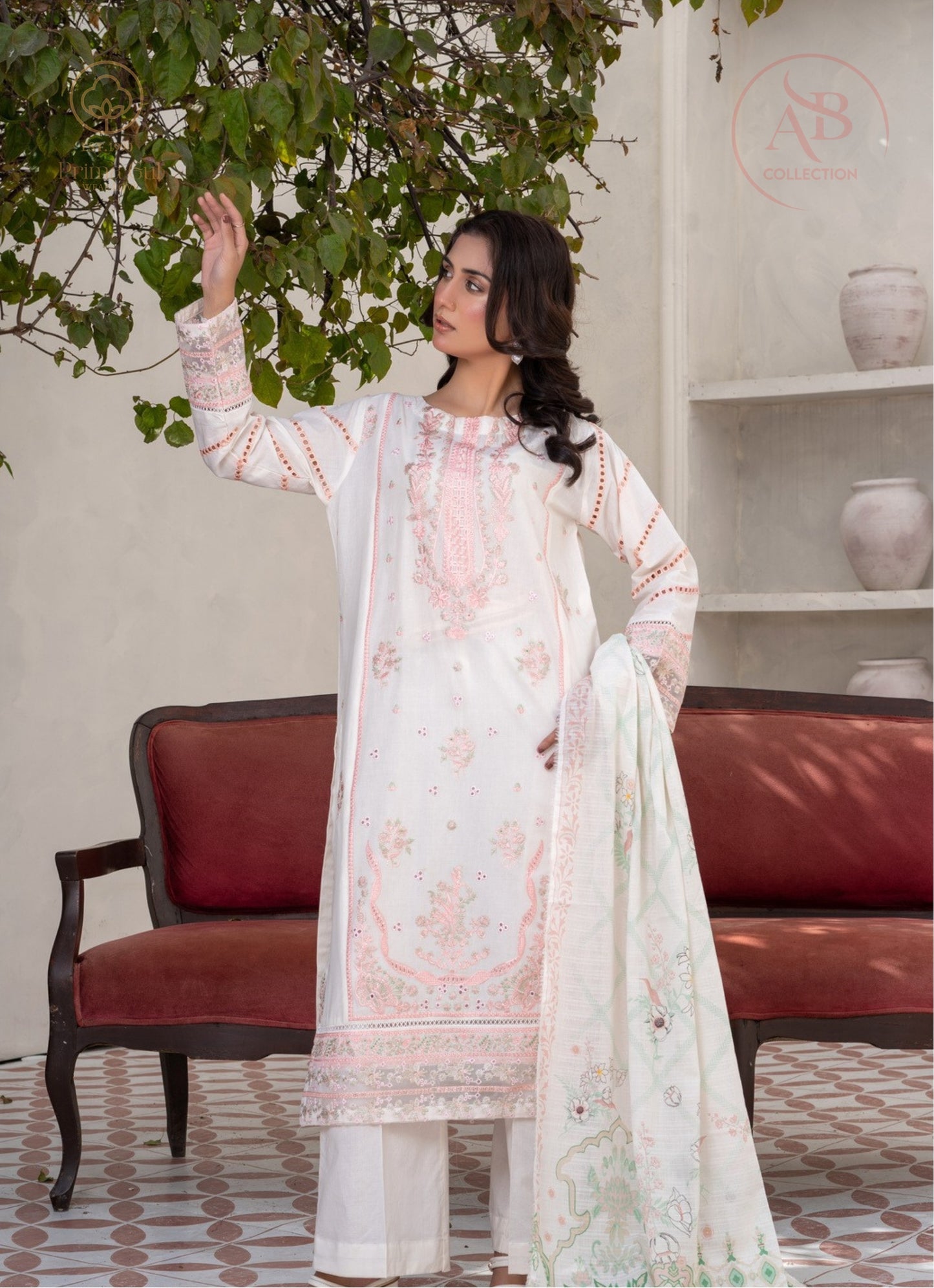Ethereal Off-White Embroidered Cambric Suit with Pastel Floral Details