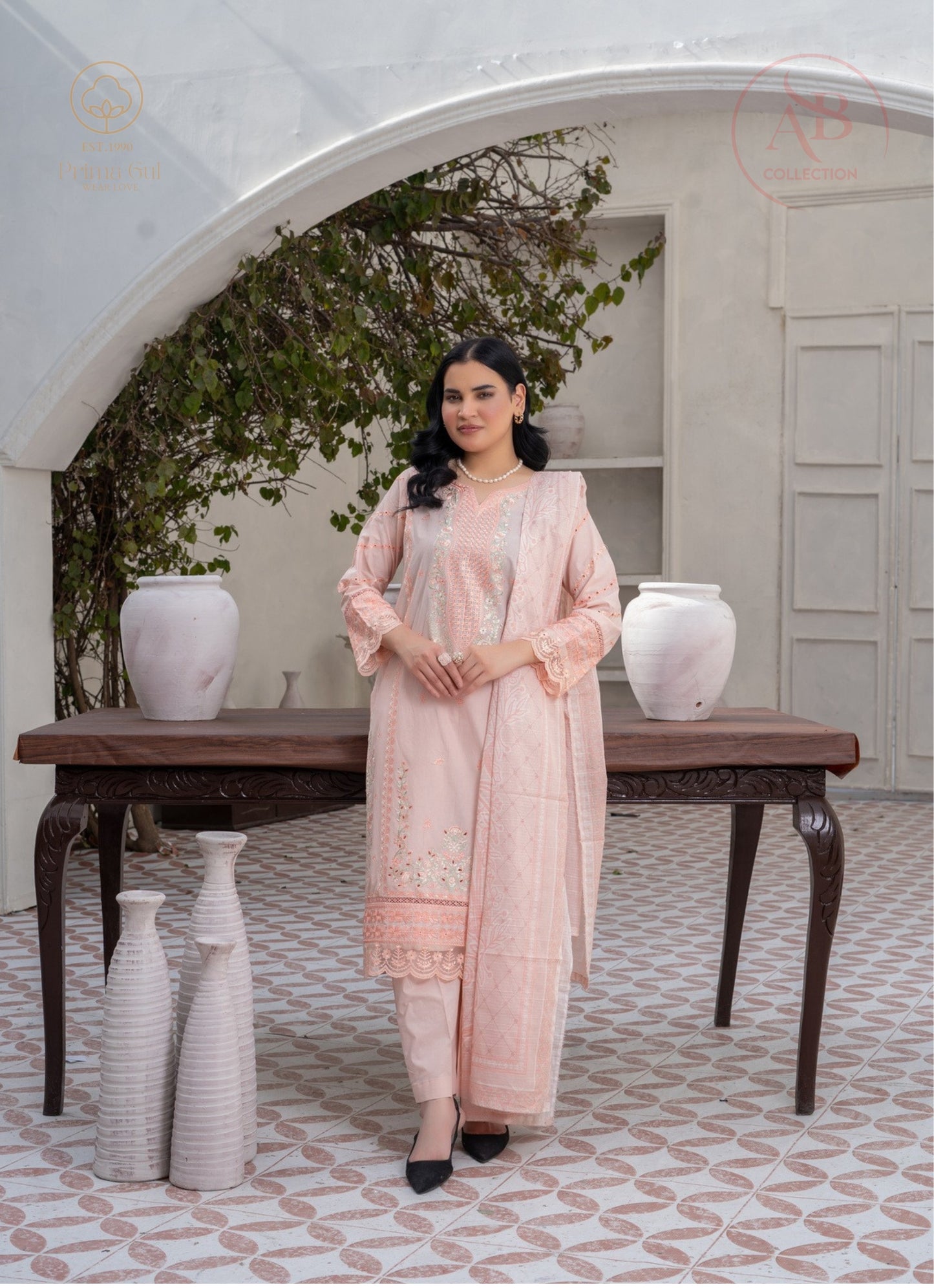 Peach Floral Embroidered Cambric Suit with Laser-Cut Detailing