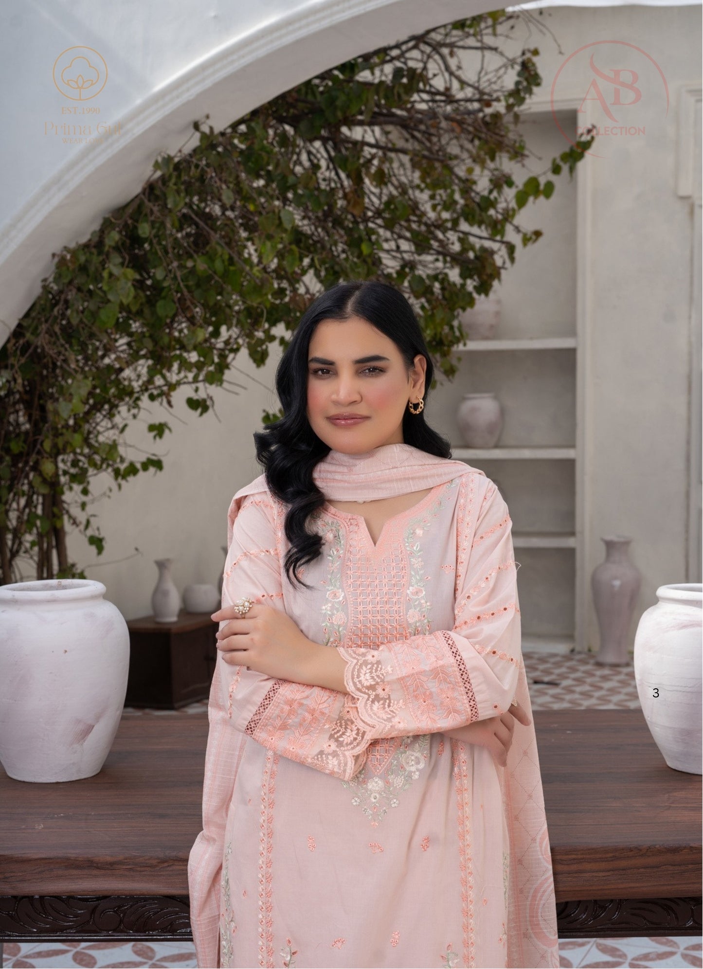 Peach Floral Embroidered Cambric Suit with Laser-Cut Detailing