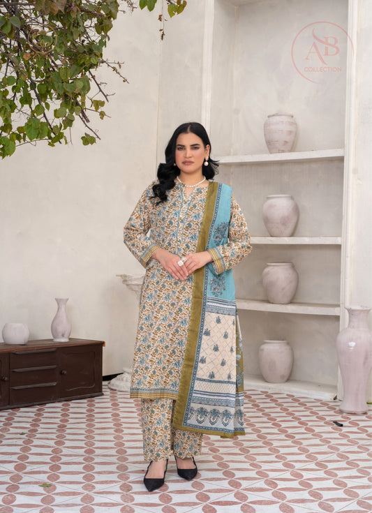 3-Piece Printed Lawn Suit with Floral Block-Print Design