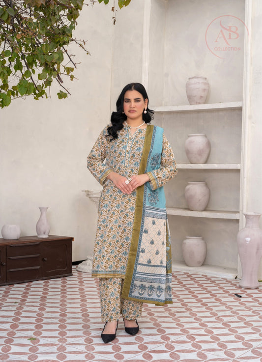 3-Piece Printed Lawn Suit with Floral Block-Print Design