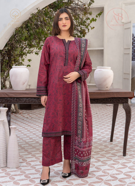 3-Piece Plum & Charcoal Printed Lawn Suit with Intricate Border Detailing