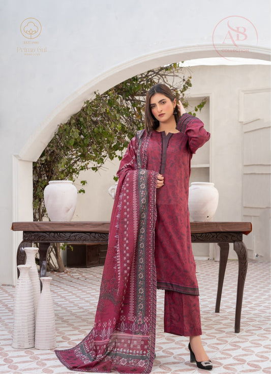 3-Piece Plum & Charcoal Printed Lawn Suit with Intricate Border Detailing