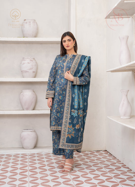 3-Piece Prussian Blue Printed Lawn Suit with Vibrant Floral Accents