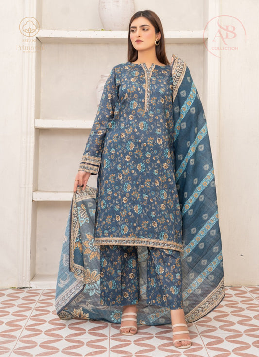 3-Piece Prussian Blue Printed Lawn Suit with Vibrant Floral Accents