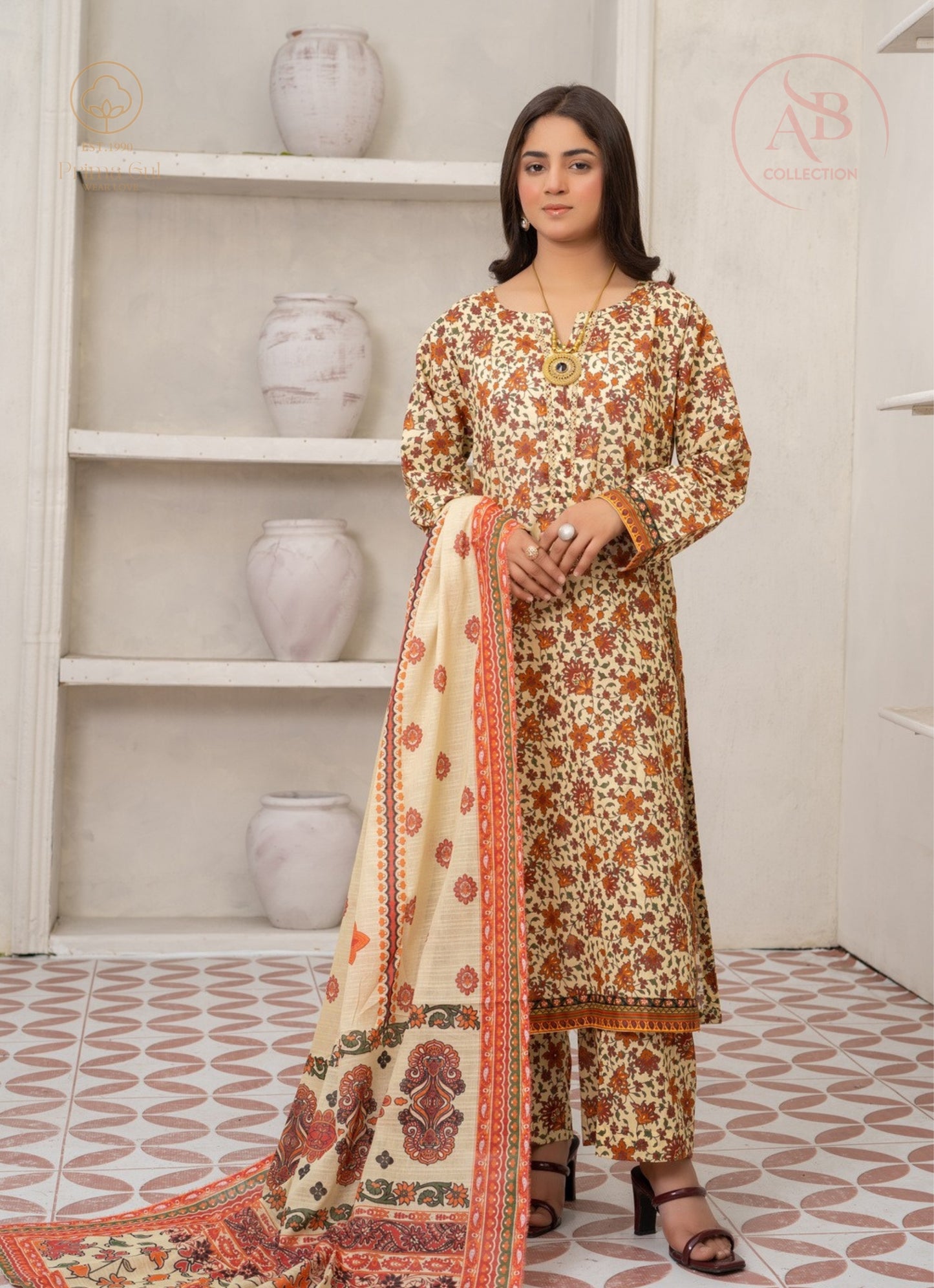 3-Piece Stitched Cream & Rust Floral Lawn Suit with Ethnic Borders