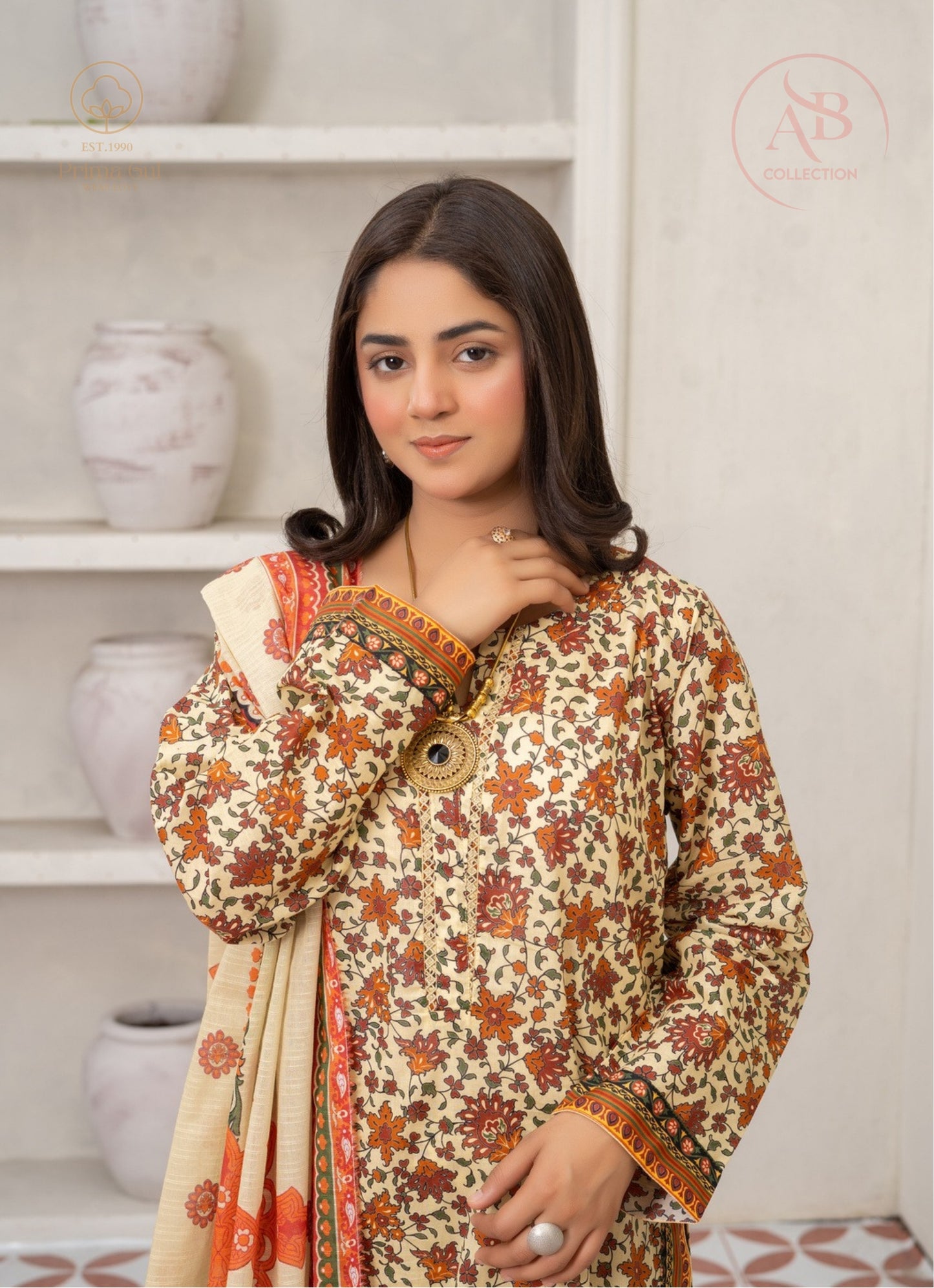 3-Piece Stitched Cream & Rust Floral Lawn Suit with Ethnic Borders