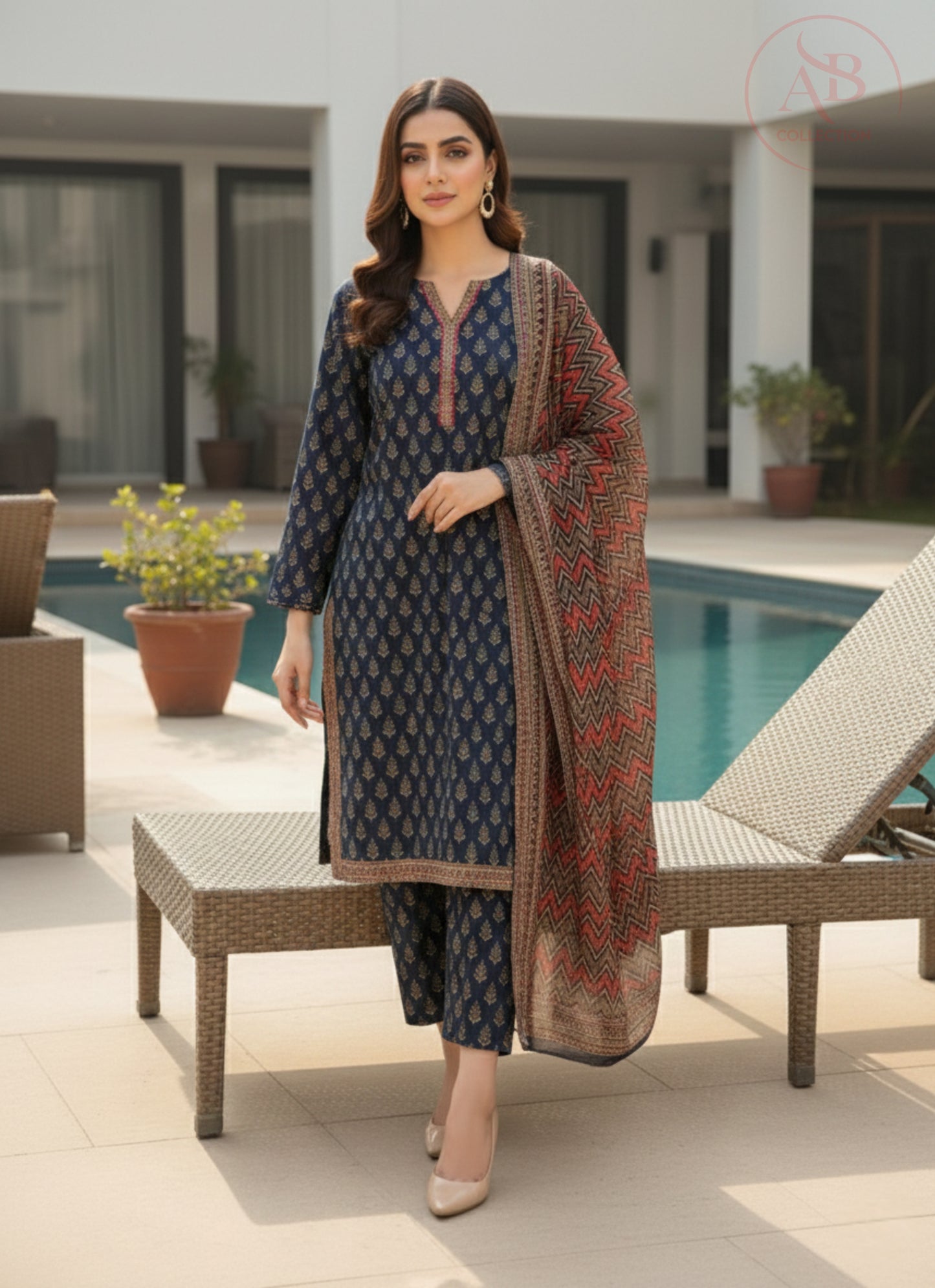 Premium Blue Lawn 3-Piece Intricate Gold Print with Zig-Zag Chiffon Dupatta