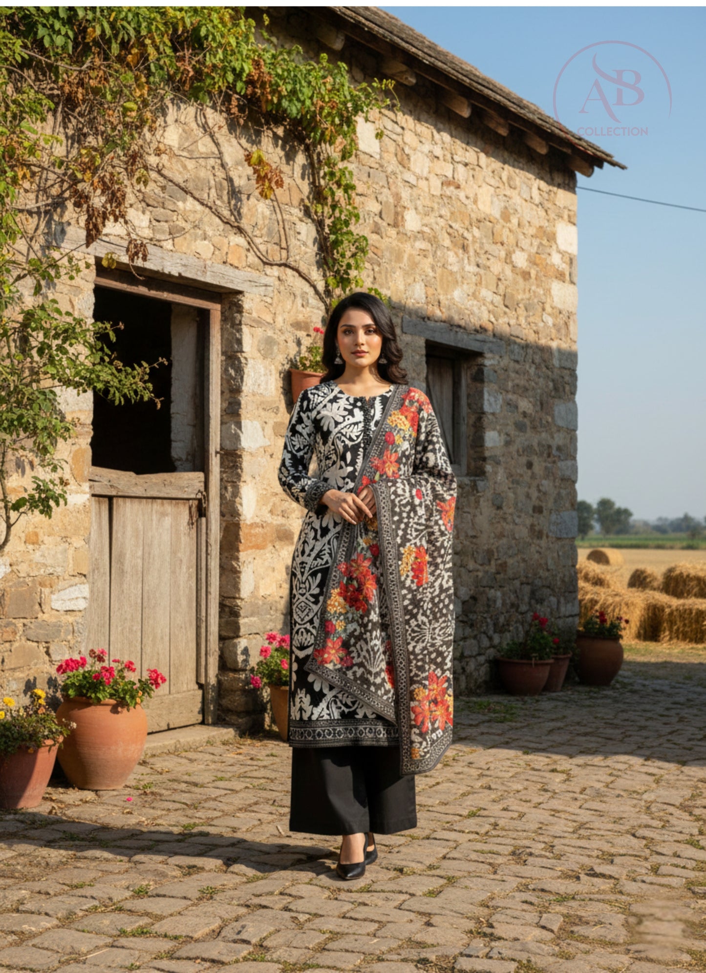 3-Piece Monochrome Lawn Suit with Floral Contrast Dupatta