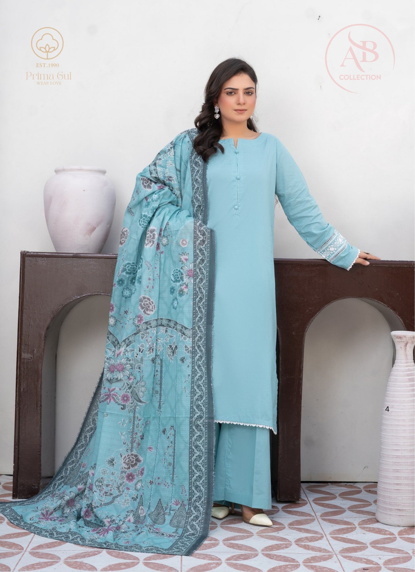 Prima Gul Ice Blue Embroidered Cambric Suit with Digital Printed Dupatta